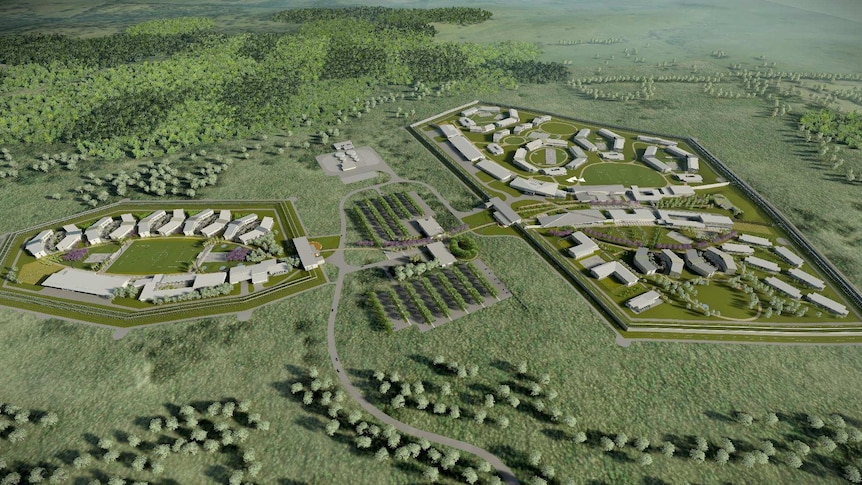 A computer generated image of the Grafton prison, including buildings and surrounds.