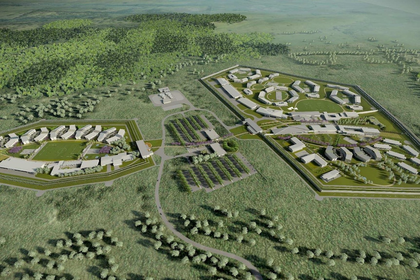 A computer generated image of the Grafton prison, including buildings and surrounds.