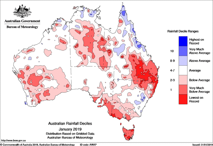 Map of Australia, very red to indicate dryness with the exception of northern QLD