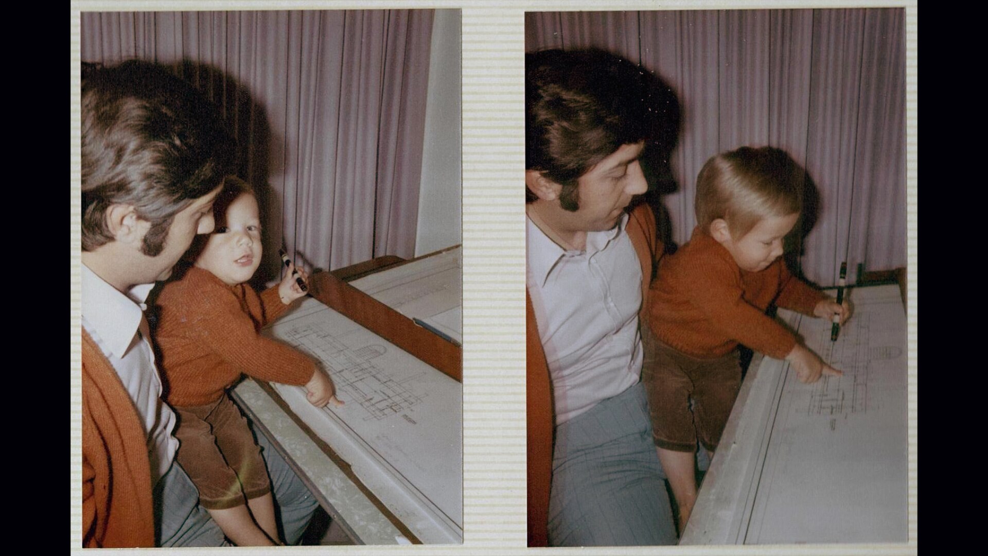 Two images, side by side, of a young child sitting on a man's lap at a work desk with architectural drawings on it. 