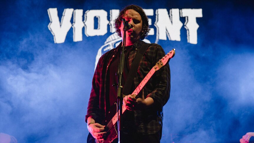 Violent Soho frontman Luke Boerdam performing live at Big Pineapple Music Festival in Woombye, QLD 2018