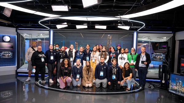A group of 20 First Nations students with ABC staff in the ABC TV studio
