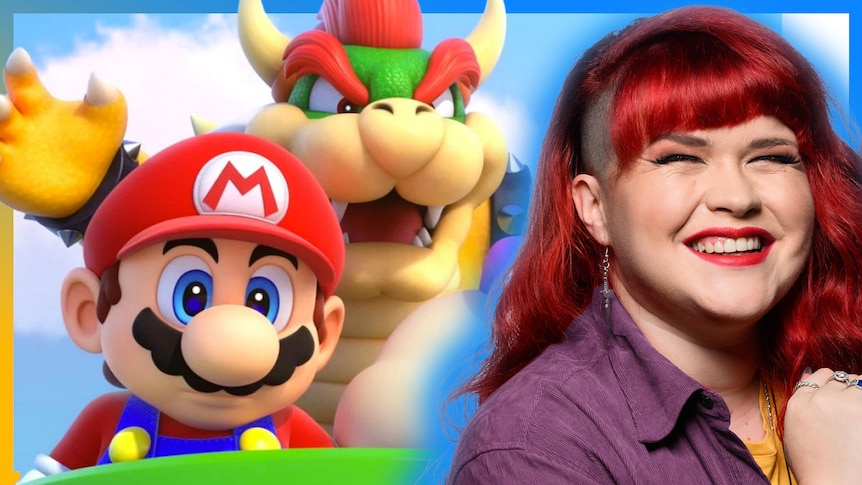 Gem is smilingon the right with Mario in the foreground and Bowser in the background of the image.