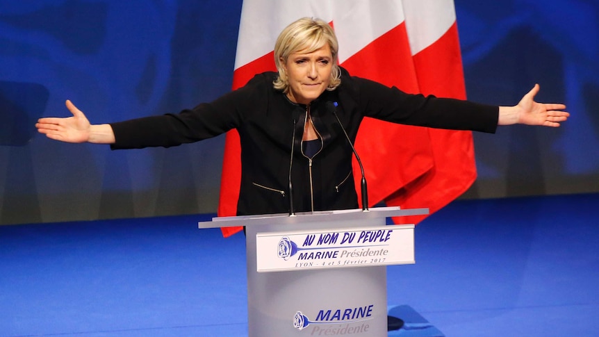 Far-right leader presidential candidate Marine Le Pen speaking on stage on Sunday 5 February 2017.