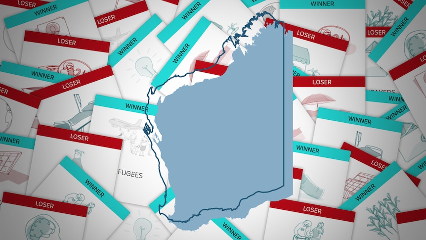 A map of WA superimposed over winner and loser graphics tiles.