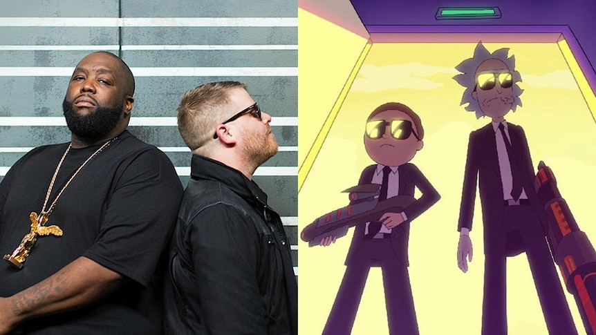 A composite image of Run the Jewels and animated duo Rick & Morty from the RTJ clip 'Oh Mama'