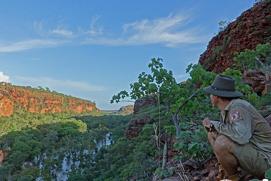 a man crouching looking over a flooded river in a gorge.