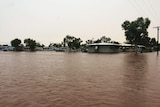 Floodwaters surround houses and roads in the town of Dajarra