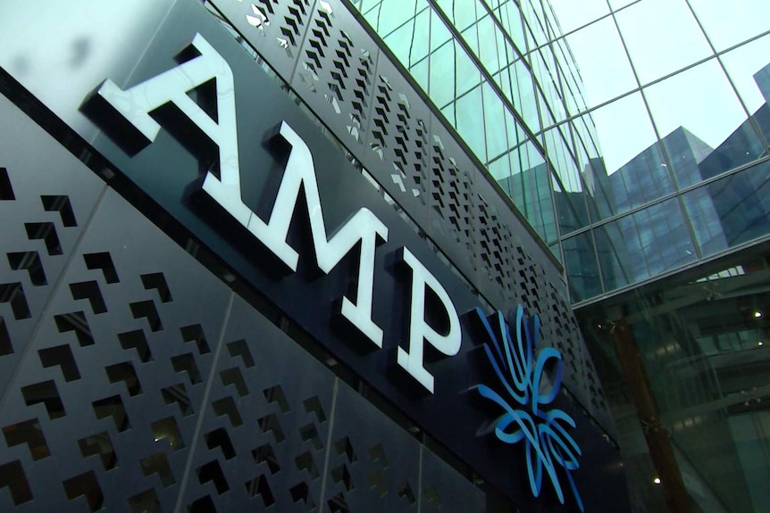 An AMP logo on an office building