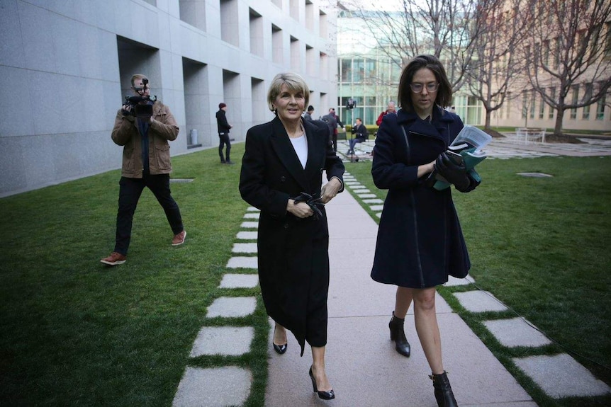 Julie Bishop walking outside Parliament House, August 22, 2018.