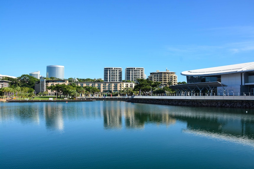 The waterfront area has multiple high-rise buildings