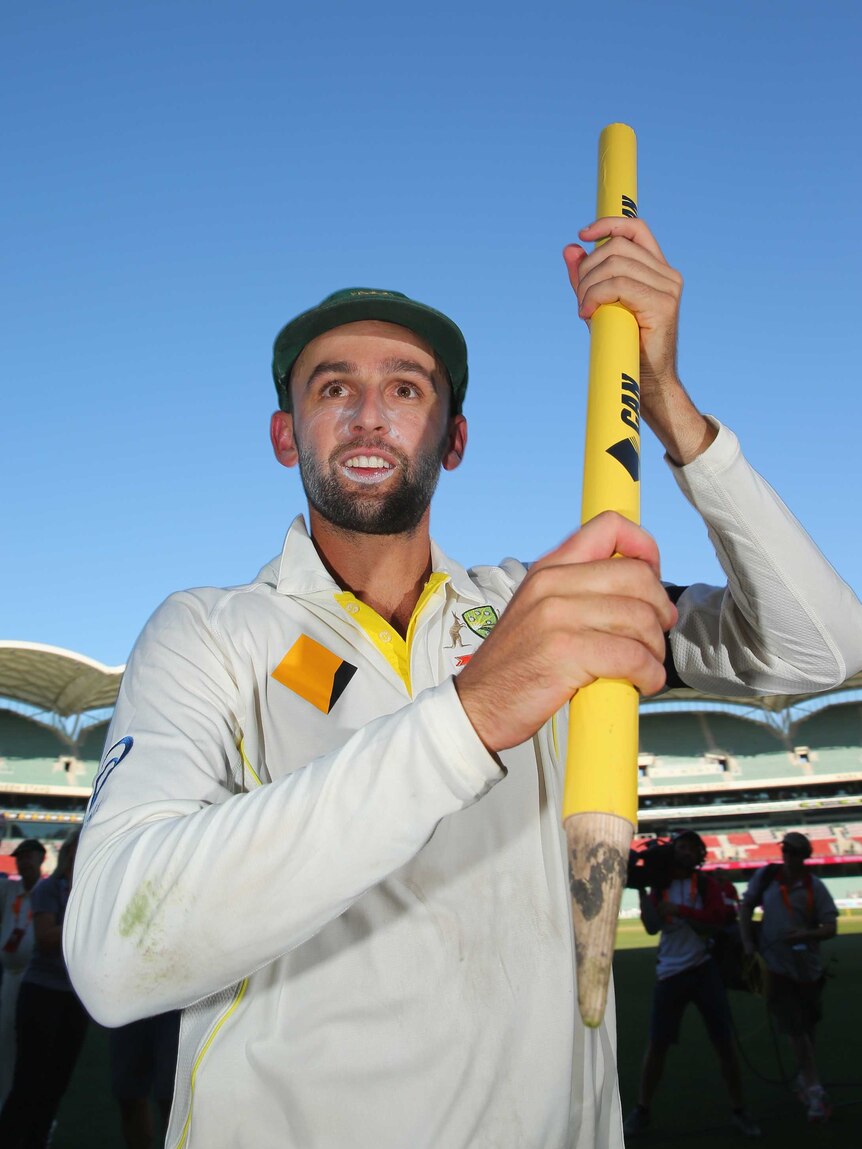 Match winner ...  Nathan Lyon acknowledges the Adelaide Oval crowd