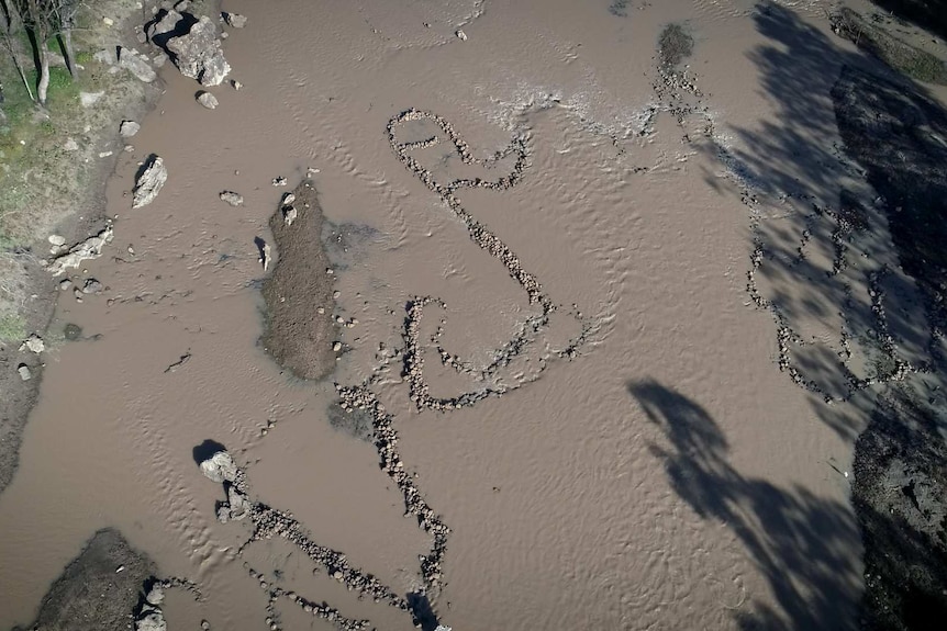 Drone image of the rock formations that make up the ancient fish traps at Brewarrina