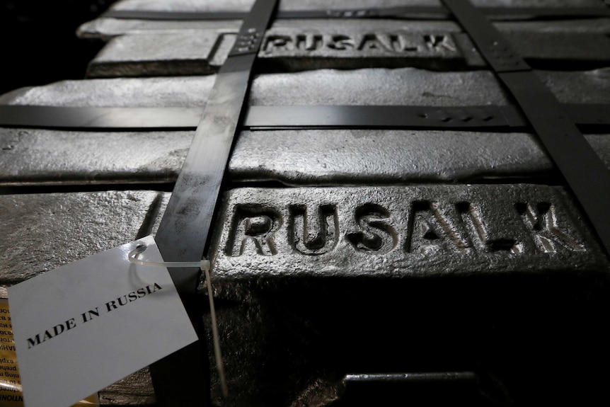 Aluminium ingots are seen stored at the foundry shop of the Rusal Krasnoyarsk aluminium smelter.