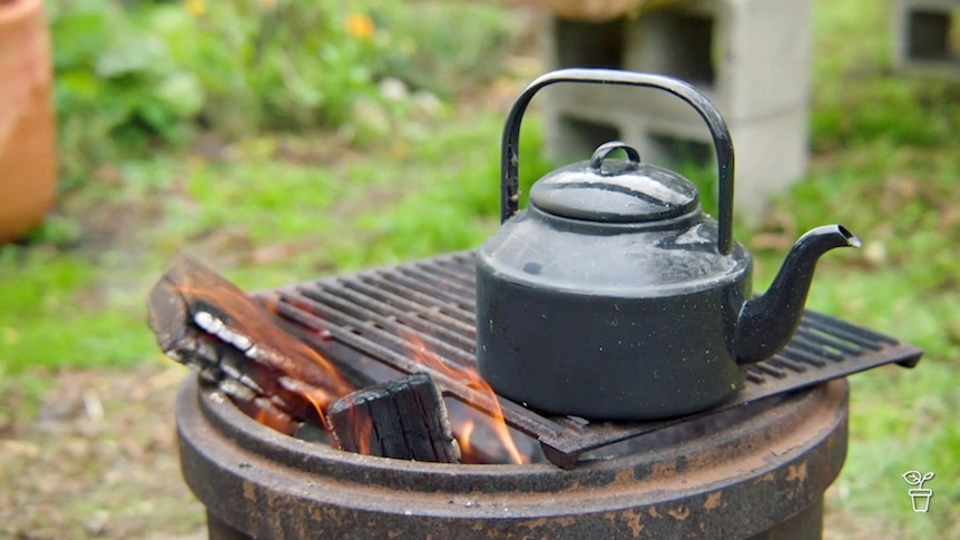 A cast iron kettle on an outdoor fire pit.