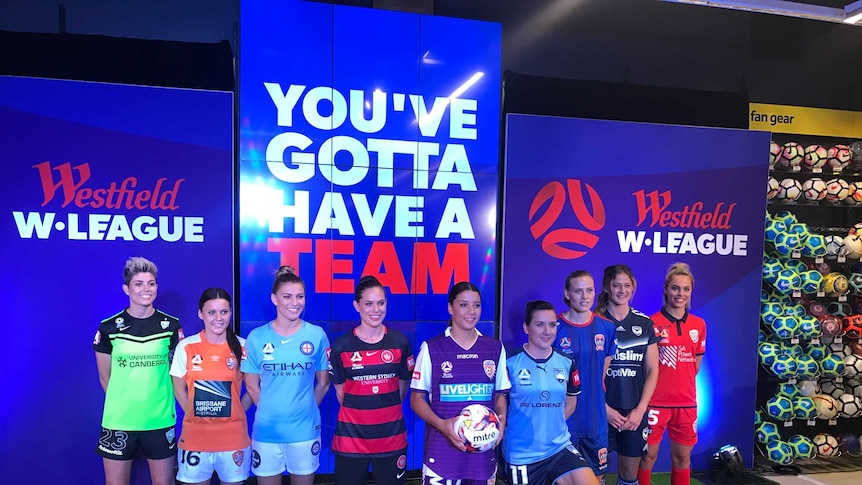 Perth Glory captain Sam Kerr and the other team skippers at W-League season launch in October 2017.