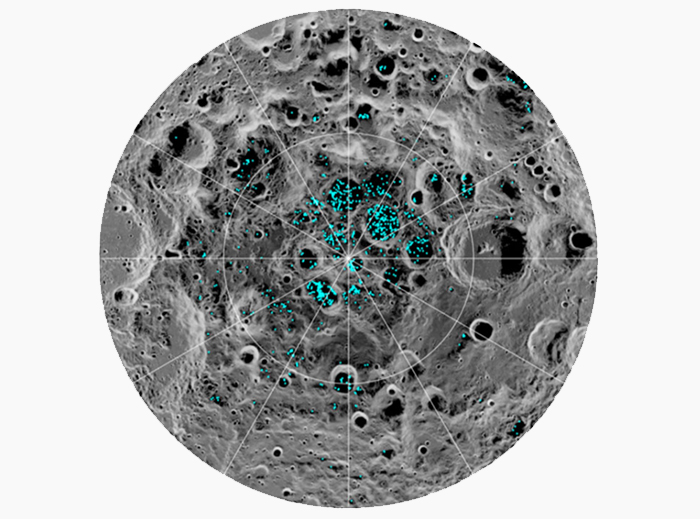 Blue dots illustrate sites of water ice on the Moon's south pole