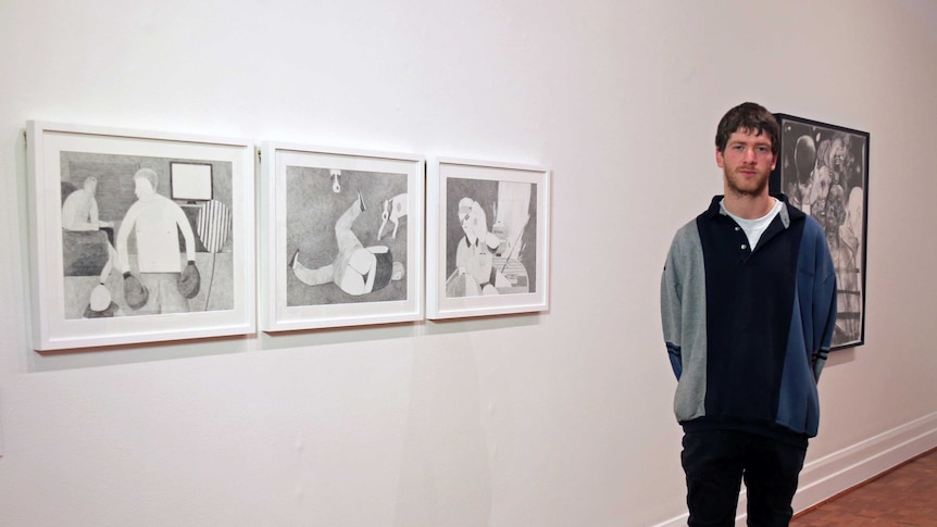 Hobart artist Cameron McRae with his award-winning work Donk, Trip, Smack