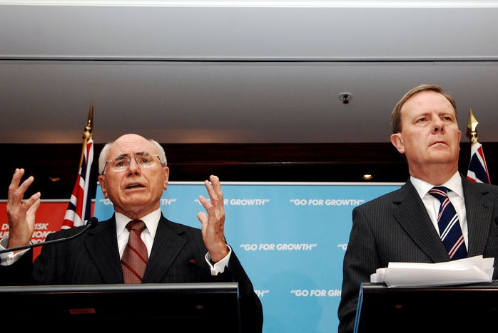 John Howard and Peter Costello hold a media conference.