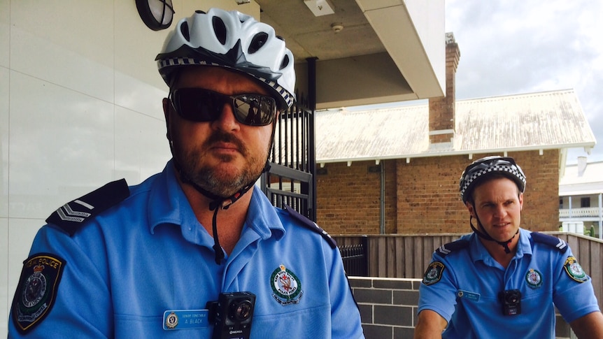 Kempsey police on push bikes wear the new body cameras