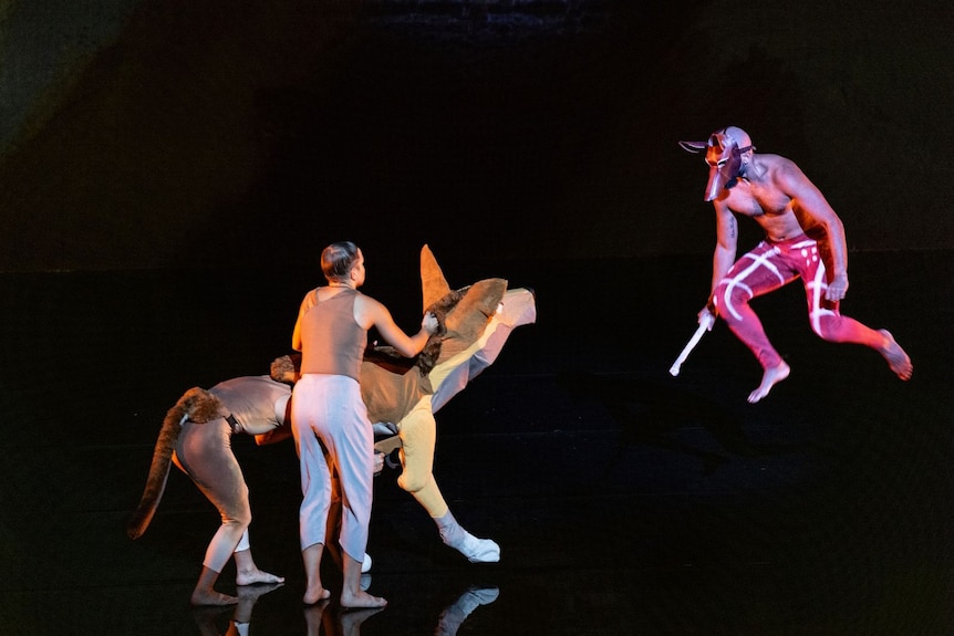 Dancers in animal costumes and with a giant dingo puppet leap across the stage.