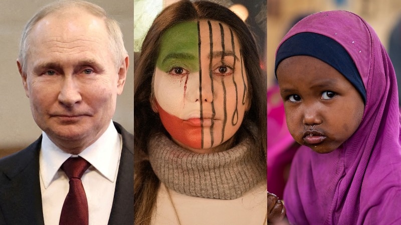 a composite image of Putin, a woman protesting with iran flag facepaint and a malnourished Somalian girl in a hot pink headscarf