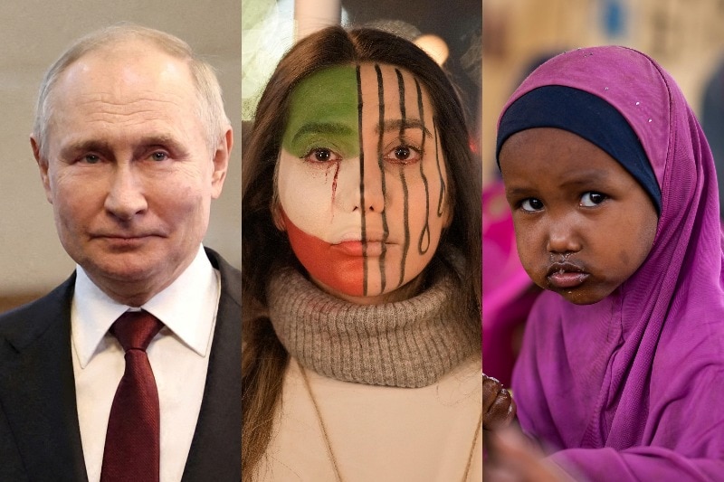 a composite image of Putin, a woman protesting with iran flag facepaint and a malnourished Somalian girl in a hot pink headscarf