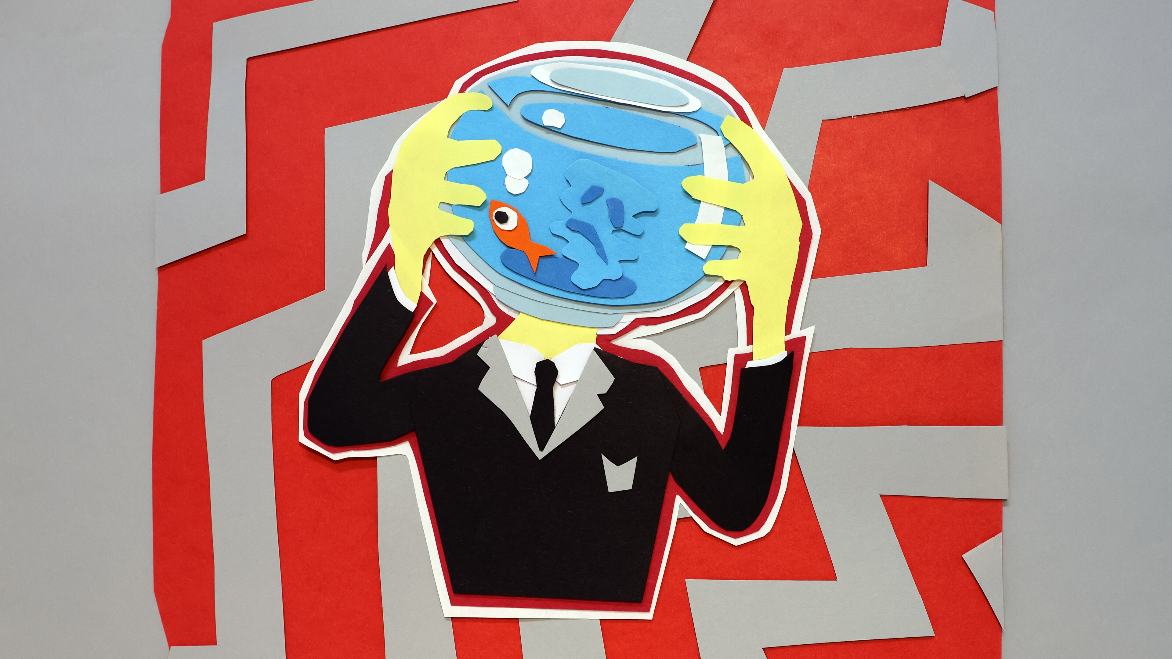 An artwork of a person in a suit with a fishbowl as its head and its hands holding the bowl. It is on a red and blue background.