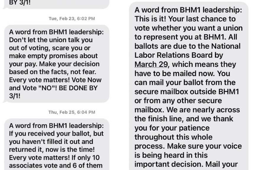 Text messages from Amazon leadership urging workers to vote no from the union 