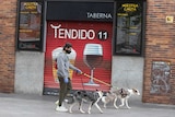 A man walks his dogs past a closed bar in Madrid