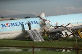 A Korean Air flight lays with its nose in grass. An emergency ladder and scaffolding hangs off its side.