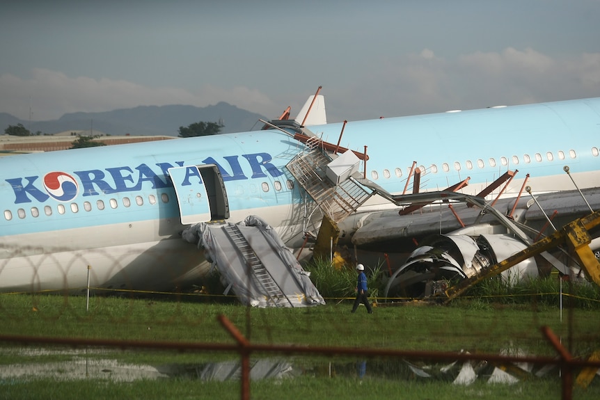 一架大韩航空的飞机把鼻子伸进草地。 紧急梯子和脚手架悬挂在它的侧面。
