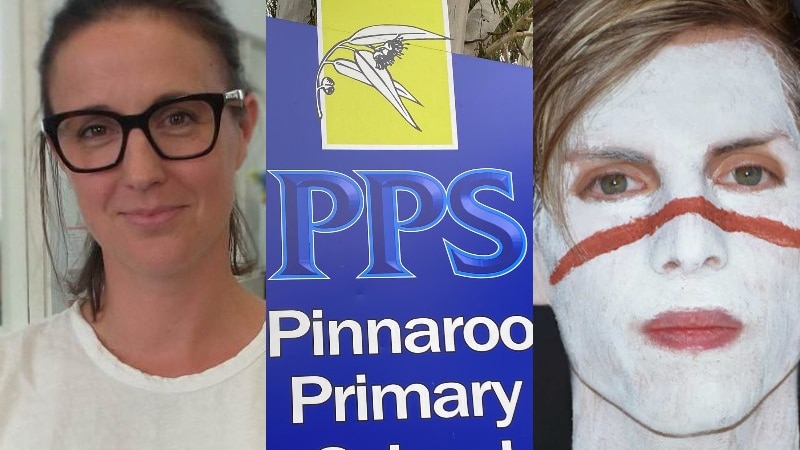 Composite photo of a smiling woman wearing black-rimmed glasses, a blue school sign and a man with Indigenous paint on his face.