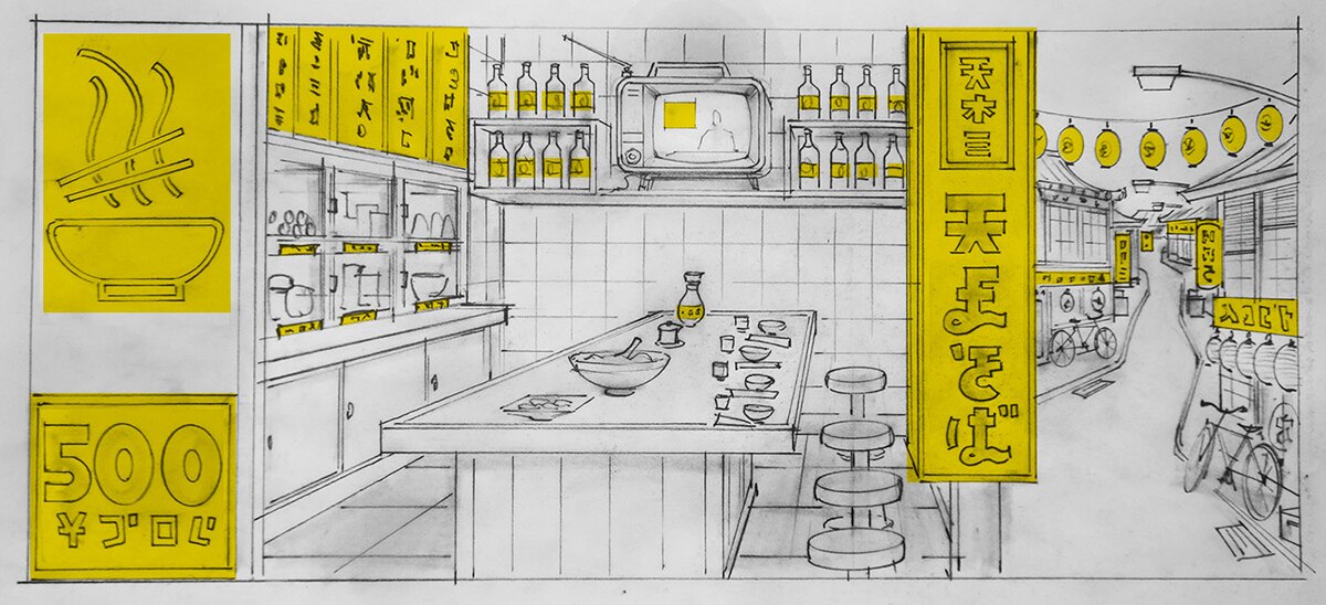 Scan of pencil drawn storyboard of noodle bar scene from stop-motion animation Isle of Dogs.