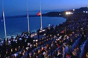 Crowds overlook Anzac Cove at Gallipoli.