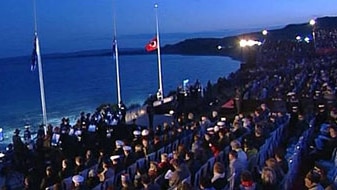 Crowds overlook Anzac Cove at Gallipoli.