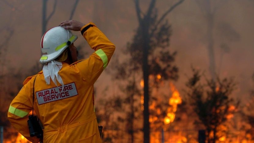 A fireman watches a bushfire burning in front of him.