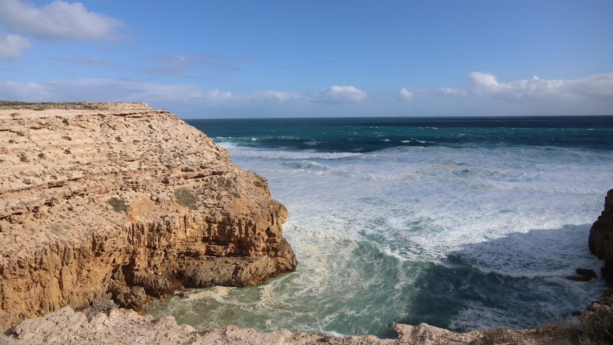 Wide shot of cliffs and the ocean below them.