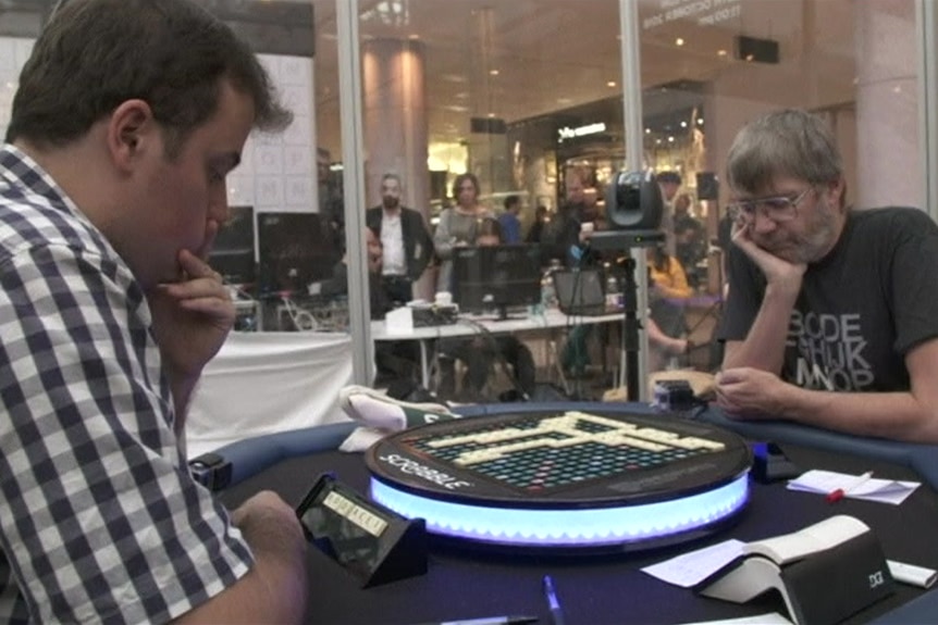 Nigel Richards and Jesse Day concentrate during the 2018 World Scrabble Championship final