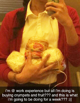 A Snapchat Bagavathy sent to her friends after being sent to buy crumpets for the office.