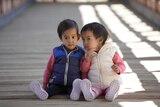 Twin girls sit on a wooden walkway, one pinching the face of the other.
