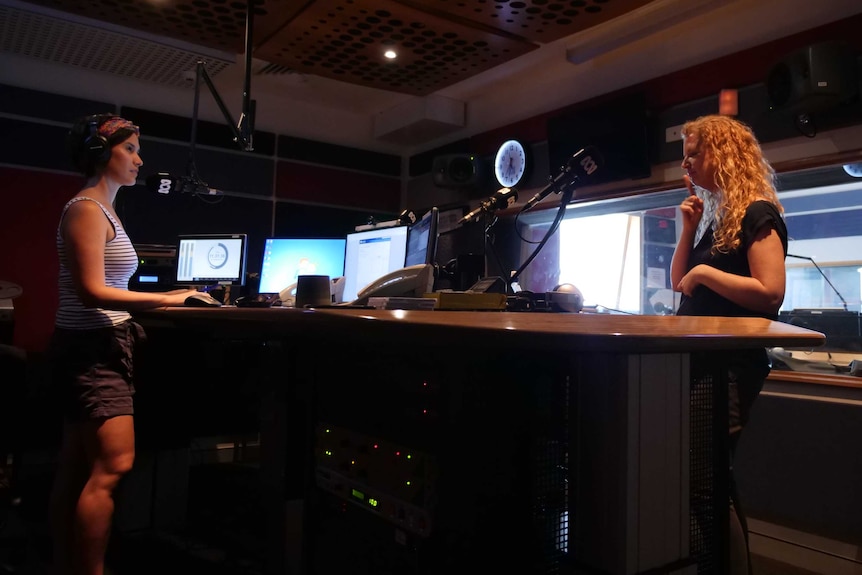 Jess Ong (left) in radio studio with Paula Thornton (right) during interview.