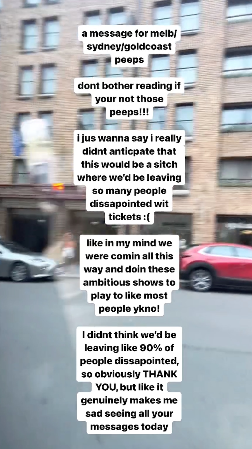 A screenshot of Fred again..'s Instagram story, apologising to fans who couldn't get tickets to his Australian arena shows.