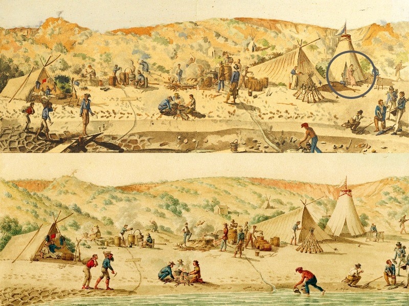 composite image of two sketches of a campsite 