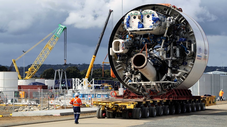 The boring machine being used to make the tunnel for the Forrestfield airport link on a large trailer.