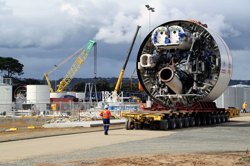 The boring machine being used to make the tunnel for the Forrestfield airport link on a large trailer.