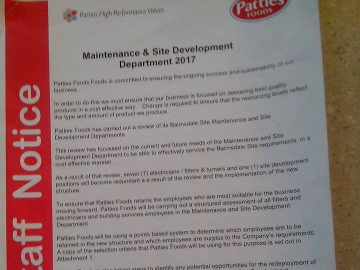 Patties Foods letter to staff