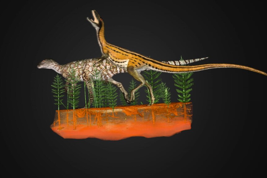 Two dinosaurs running through a small forrest on a spinning rock graphic. 