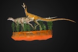 Two dinosaurs running through a small forrest on a spinning rock graphic. 