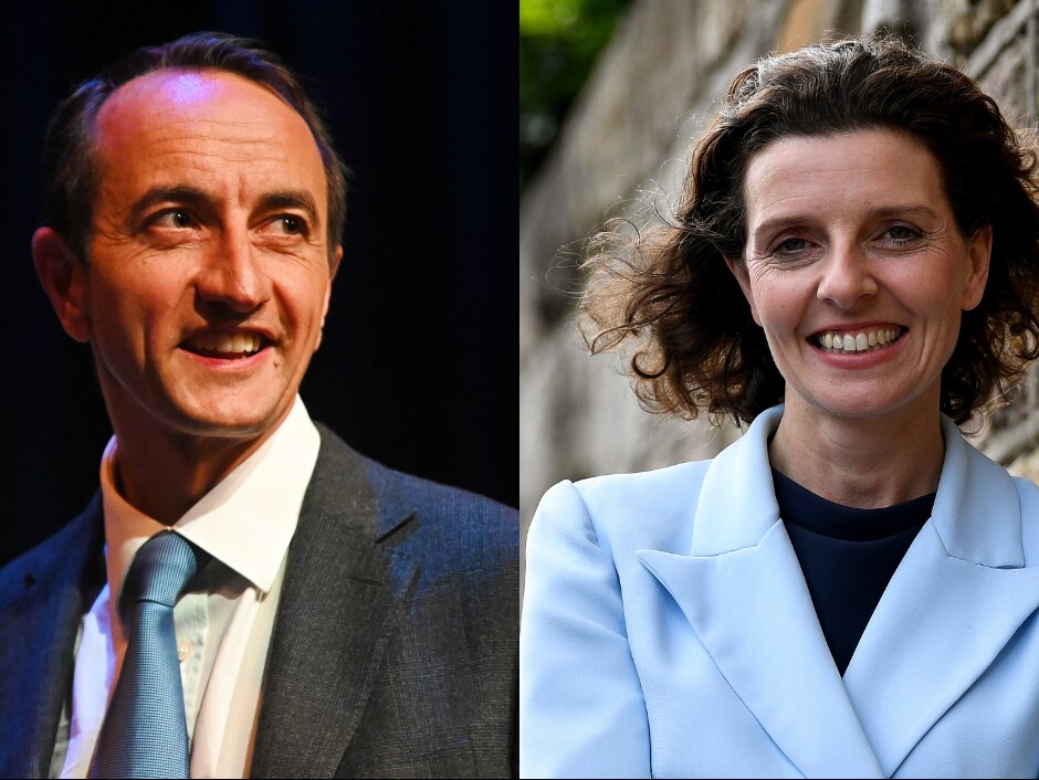 a composite image of a man smiling and a young woman smiling